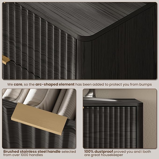 47'' Wide 6 Drawers Dresser for Bedroom,Modern Fluted Vertical Chest with Rounded Corners,Fluted Dresser for Living Room,Hallway, Black