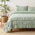 HORIMOTE HOME Asakusa Green Ruffled Quilt Set Queen Size, Geometric Square Stitched Pattern, Pre-Washed Farmhouse Shabby Chic Microfiber Lightweight Bedding Set Bedspread Coverlet for All Season
