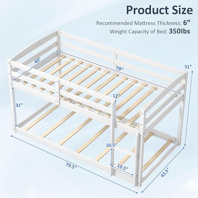 KOMFOTT Low Bunk Bed Twin Over Twin, Solid Wood Bunk Bed Frame with Built-in Ladder & Safety Guardrails, Space-Saving Low Bunk Bed for Kids, Teens, No Box Spring Needed