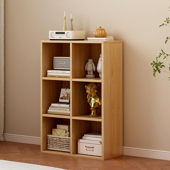 OSCHF 6-Cube Storage Shelf Bookcase - Wooden 3-Tier Floor Standing Open Bookshelf for Home and Office, Display Cabinet, Oak