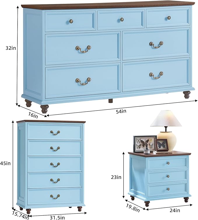 24" Wide Farmhouse Nightstand Set of 2, 54" 7 Drawers Dresser, 45" Tall Rustic Chests of 5 Drawers w/ 4 Solid Wood Feet, Farmhouse Furniture Series for Living Room,Bedroom,LightBlue