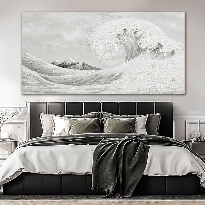 YETHEN WAL Neutral Grey Wave Wall Art – Textured Coastal Canvas Print with Hand-Painted Details, Minimalist Modern Seascape for Living Room Bedroom, 24×48 Inch