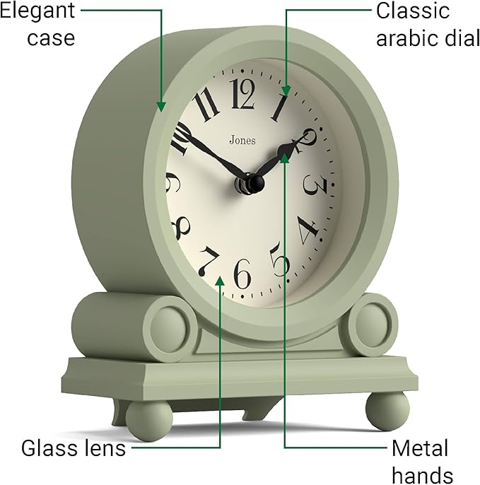 JONES CLOCKS® Maida Vale Mantel Clock | Small Traditional Desk Clock | Sage Green | Pretty & Charming Ideal for Mantelpiece, Bookshelf or Bedside