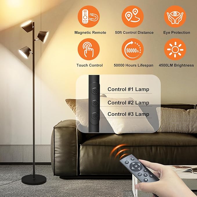 42W LED Tree Floor Lamp, 4500 Lumens Dimmable Standing Lamp with Remote & Touch Control, Modern Super Bright 3 Rotatable LED Light Floor Lamps for Living Room, Bedroom, Office