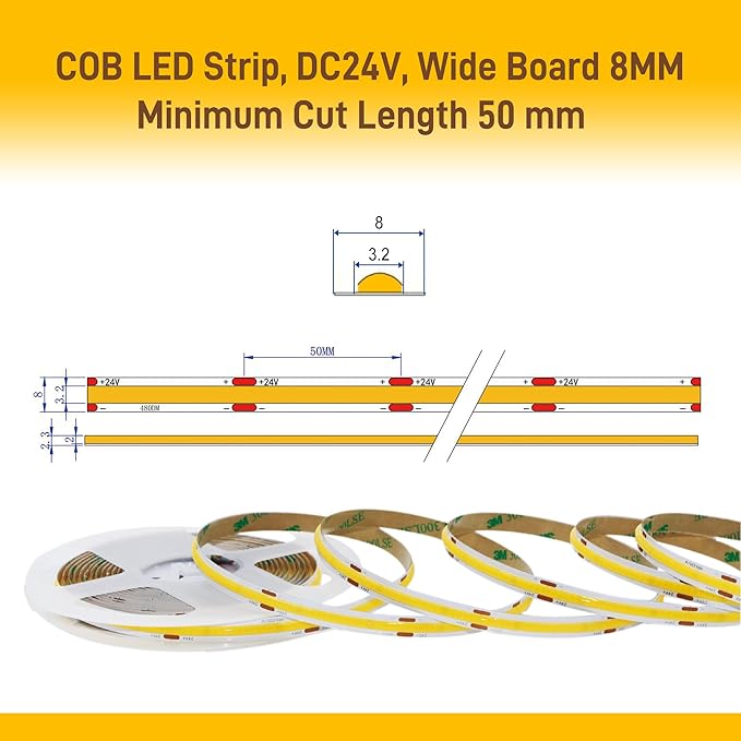 COB LED Strip Lights Cool White,24V Dimmable led Light Strip KIT with Remote and app Control,6000K 9.84FT/3m 8mmwide Ra>90 Cuttable Flexible Strip Lights for Bedroom,Wardrobe,Cabinet