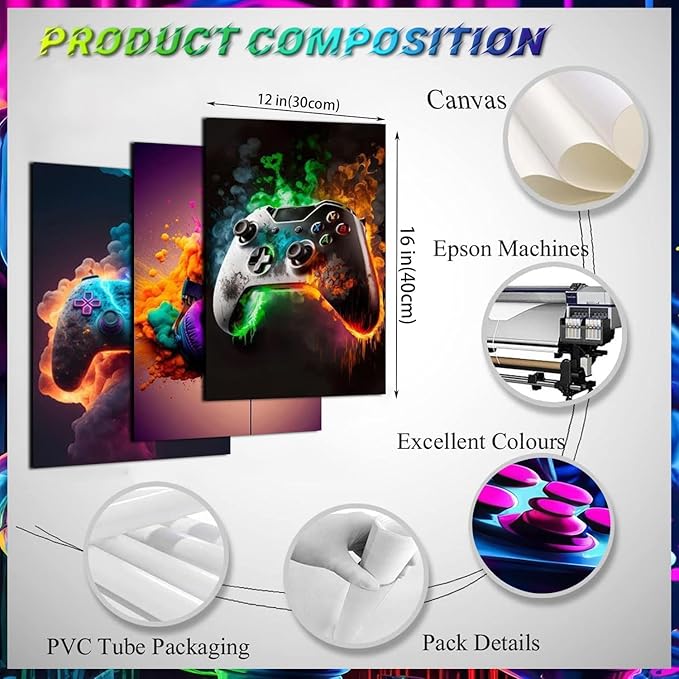 Gaming Room Decor - Wall Art Set of 3, Video Gaming Theme, Unframed 12x16in Canvas Posters for Teen Boys Room