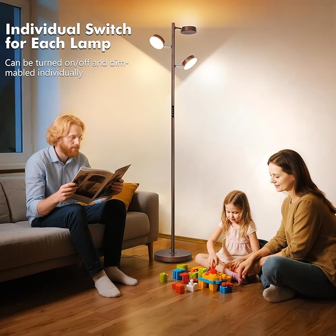 Tree Floor Lamp for Living Room - Modern Brown Standing Lamp, LED Floor Light with Remote & Touch, 3000K-6000K Dimmable for Bedroom Office Reading (3 Head)