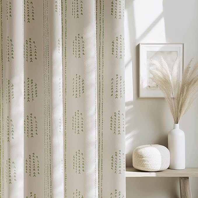 100% Boho Blackout Curtains 72 Inches Long for Bedroom, Green on Beige Patterned Bohemian Curtains for Living Room, Geometric Striped Thermal Insulated Window Drapes Gromment Top 2 Panels