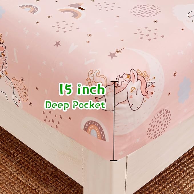 JSD Pink Unicorn Kids Sheet Set Full Size, 4 Piece Girls Rainbow Printed Microfiber Bed Sheets Deep Pocket
