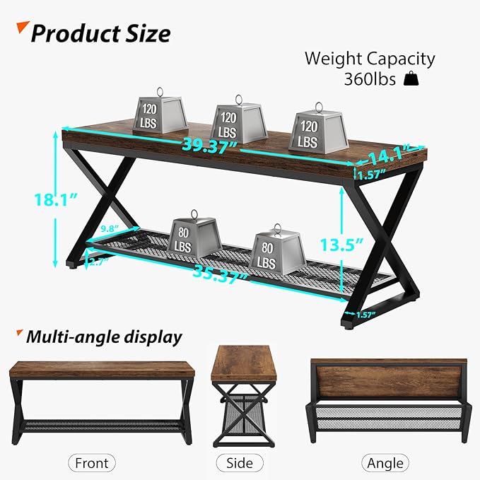 LVB Rustic Entryway Bench with Shoe Storage, Wooden and Metal Shoe Bench with Seating, Industrial Indoor Bench for Living Room Bedroom, Shoe Rack Bench for Foyer Hallway Entrance, Rustic Brown, 39 in
