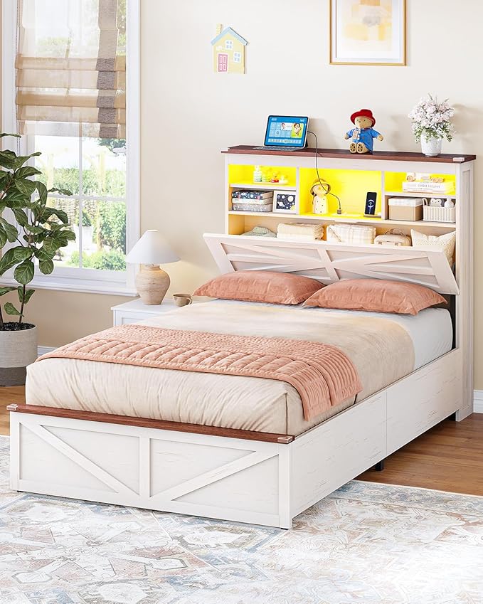 AOGLLATI Farmhouse Twin Bed Frame with Lift Up Storage & Hidden Bookcase Storage Headbord, Wood Bed Frame Twin with Charging Station, Led Lights, No Box Spring Needed, Antique White