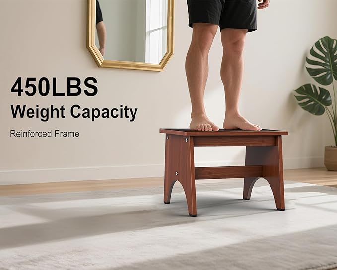 One Step Stool for Adults Seniors with Non-Slip Rubber Stepping Feet, 12" Heavy Duty Wooden Step Stools with 450 LBS Capacity Bed Steps for High Beds, Bathroom, Bedroom, Kitchen & Bedside Support