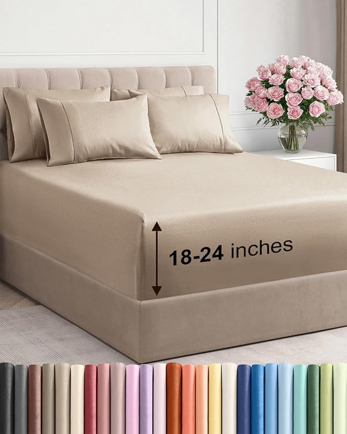 Extra Deep Cal King Sheet Set - 6 Piece Breathable & Cooling Sheets - Hotel Luxury Bed Sheets Set - Easy & Secure Fit - Soft, Wrinkle Free & Comfy Sheets Set - Cream Sheet Set with Extra Deep Pockets