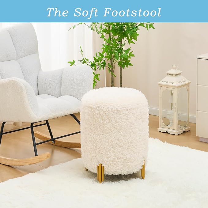 Mxfurhawa Round Ottoman Foot Stool with Storage and Metal Legs for Living Room Bedroom, Velvet Upholstered Footrest Stool Support 300lbs Modern Padded Seat Ottoman Coffee Table (White-Long Wool)