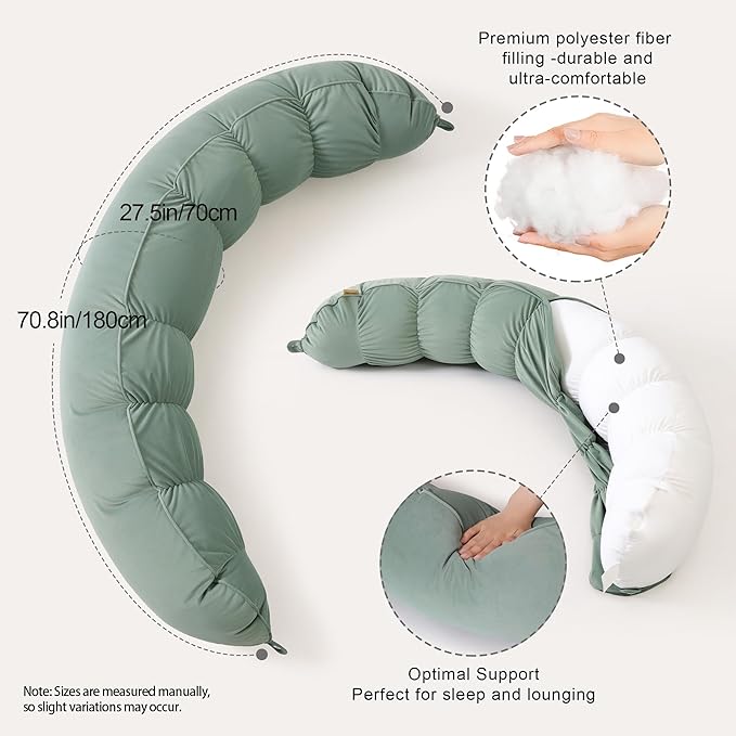 Peallow(Pat. Pend) – Long Round Body Pillow for Adults, Bolster Pillow for Sleeping, Soft and Supportive Pillow for Sleeping & Lumbar Support(Willow Green,59")