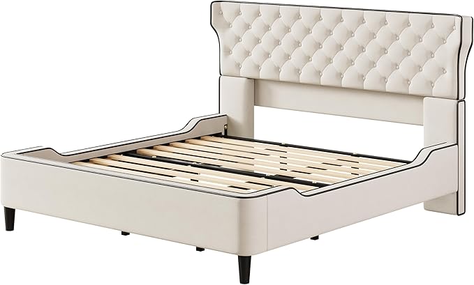 Christopher Knight Home Salus Linen Upholstered King Size Bed Frame with Headboard, Modern King Bed Frame and Headboard, Wooden Slats Support, Easy Assembly, No Box Spring Needed, Beige