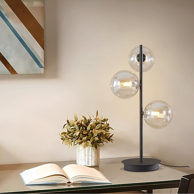 Modern Globe Table Lamp, Mid Century 3 Lights Black Bedside Lamp, Brown Glass Globe Reading Lamp for Bedroom Living Room Study Room
