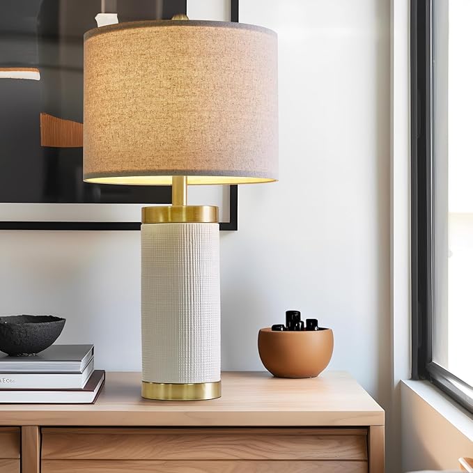 24.5" Modern Ceramic White Bedside Lamp for Bedroom Decor Farmhouse Table Lamp for Living Room Office Dorm