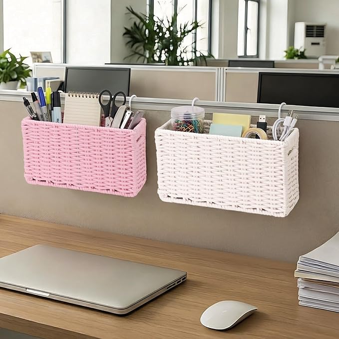 Cotton Rope Woven Bedside Caddy for Dorm Bed, Foldable Bedside Shelf Bunk Bed Accessories, College Dorm Room Essentials Hanging Organizers Storage Basket, Room Decor Magazine File Holder (Pink)