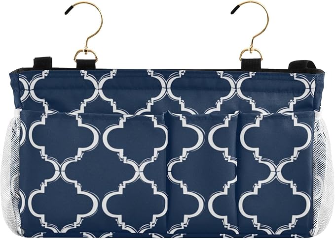 Bedside Caddy Hanging Bunk Bed Caddy Bed Organizer Hanging Pocket with 2 Hooks Bedside Storage Organizer Pocket Bag Holder Navy Blue Geometric Quatrefoil