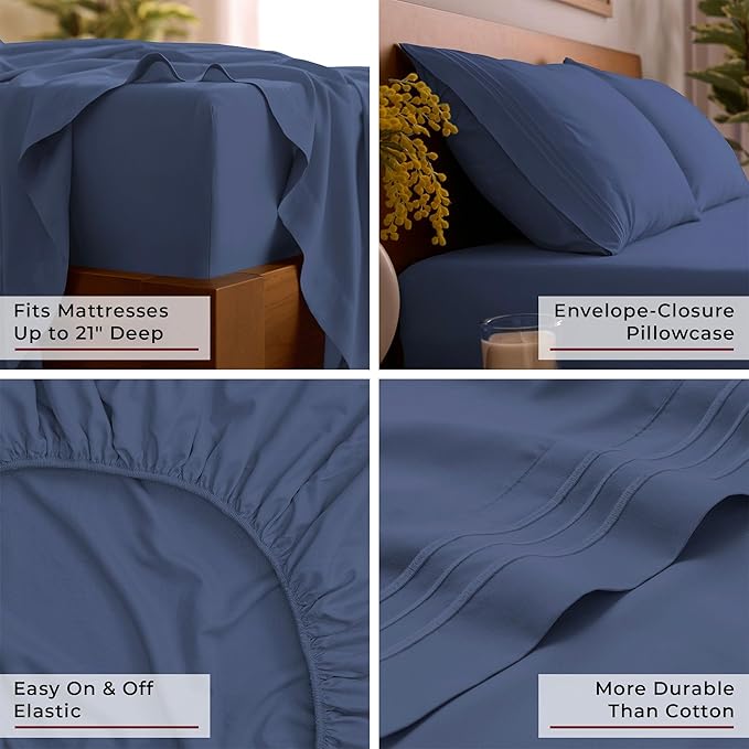 Mellanni King Sheet Set - 6-Piece Iconic Collection Bedding, (Including 4 Pillowcases), 21-Inch Extra Deep Pocket, Easy Care, Ultra Soft, Cooling Sheets, Brushed Microfiber - Blue Nova