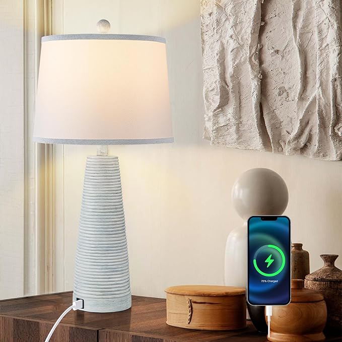 Terpsichore Nightstand Lamp Desk Lamp Vintage Bedside Lamps Set of 2 Rustic Farmhouse Table Lamps 3 Way Dimmable Light,Suitable for Living Room Bedroom,with Linen Shade LED Bulb,USB A+C Port