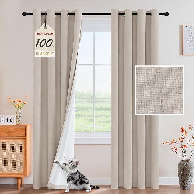 PrinceDeco Thick Linen Blackout Curtains Room Darkening Curtains 84 Inch Length Black Out Curtains for Bedroom Cold and Full Light Blocking Drapes with White Liner Grommet(2 Panels,Heathered Natural)