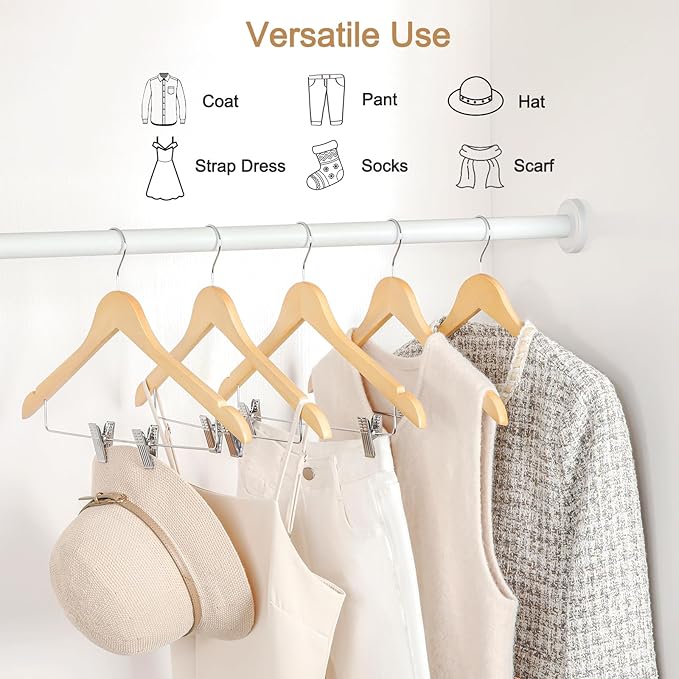 TOPIA HANGER Wooden Suit Hangers with Adjustable Metal Clips (20 Pack), Solid Smooth Wood Clothes Hangers, 360° Swivel Hook, Premium Pants Hangers for Clothes Coat, Jeans, Blouse-Natural, CT28N20