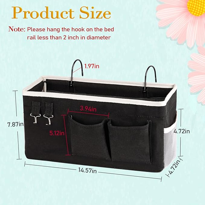 Ozzptuu Bedside Storage Caddy/Bedside Hanging Storage Bag for Headboards Bunk Beds Dorm Rooms Book Phone Magazine Holder (2PC Black)