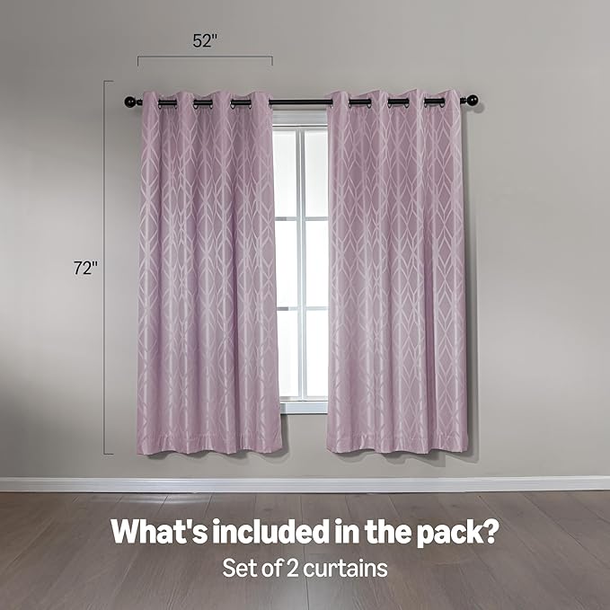 Amazon Basics Jacquard 2-Piece 100% Blackout Curtains, Living Room and Bedroom Drapes, Thermal Insulated Window Treatment, 52"x72", Pink