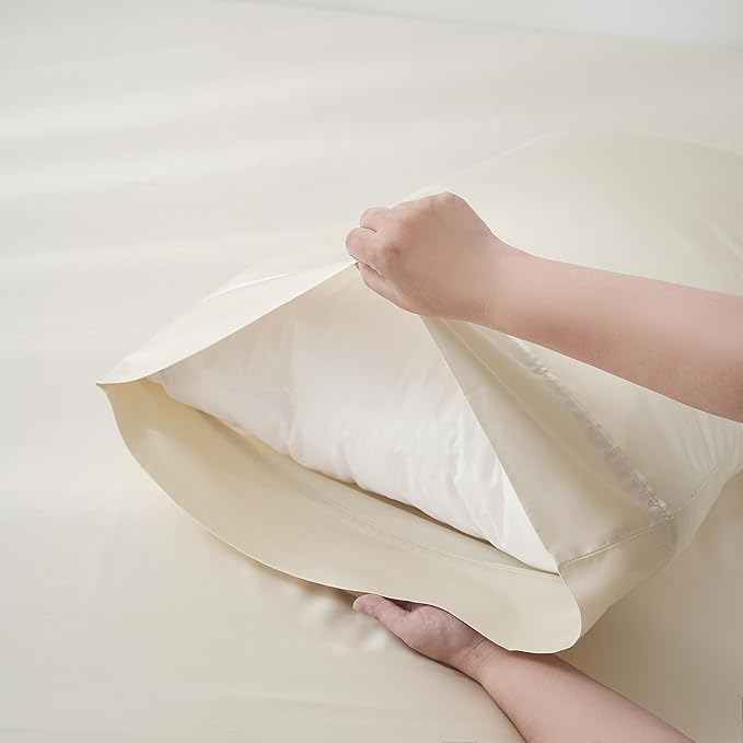 400TC Queen Sheets, Rayon Derived from Bamboo, Cooling Bed Sheets Set,Deep Pocket Up to 16", 4 Pieces Silky Soft, Breathable Bedding Sheets & Pillowcases,Cream