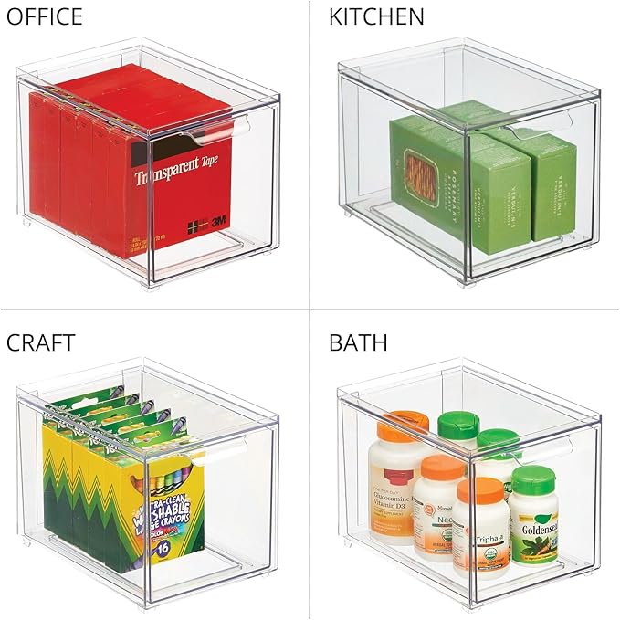 mDesign Plastic Closet Organizer Bin w/Pull Out Drawer - Slim Stackable Storage for Closet - Organization for Accessories, Bags, Totes, Small Linens, and More - Lumiere Collection - 2 Pack - Clear