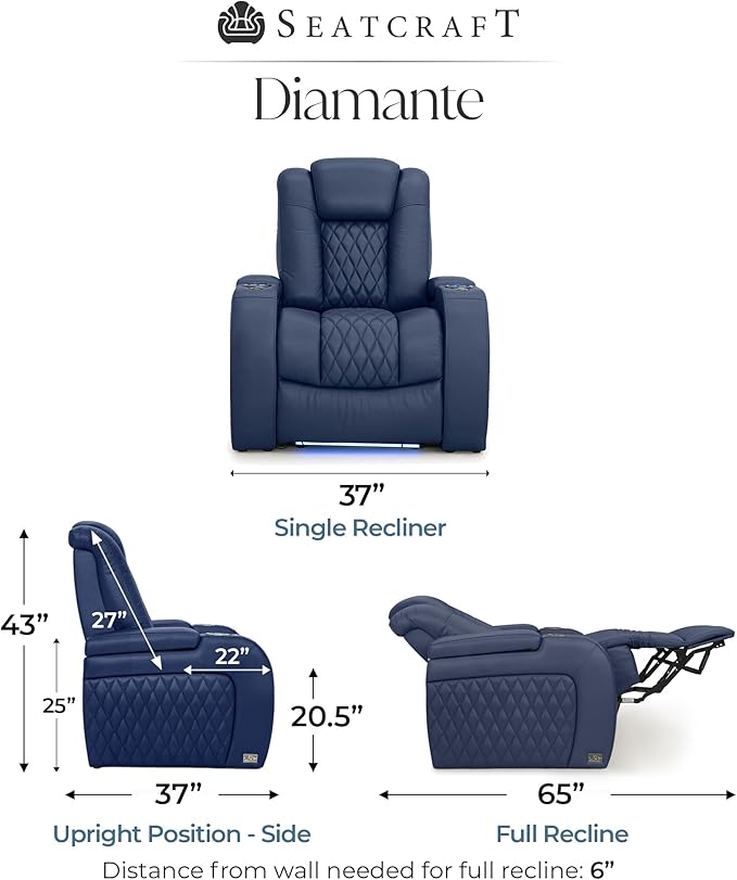Seatcraft Diamante Zero-Gravity CoolZero Italian Leather Home Theater Seating, Power Headrest, Power Recline, Single Recliner, Navy Blue
