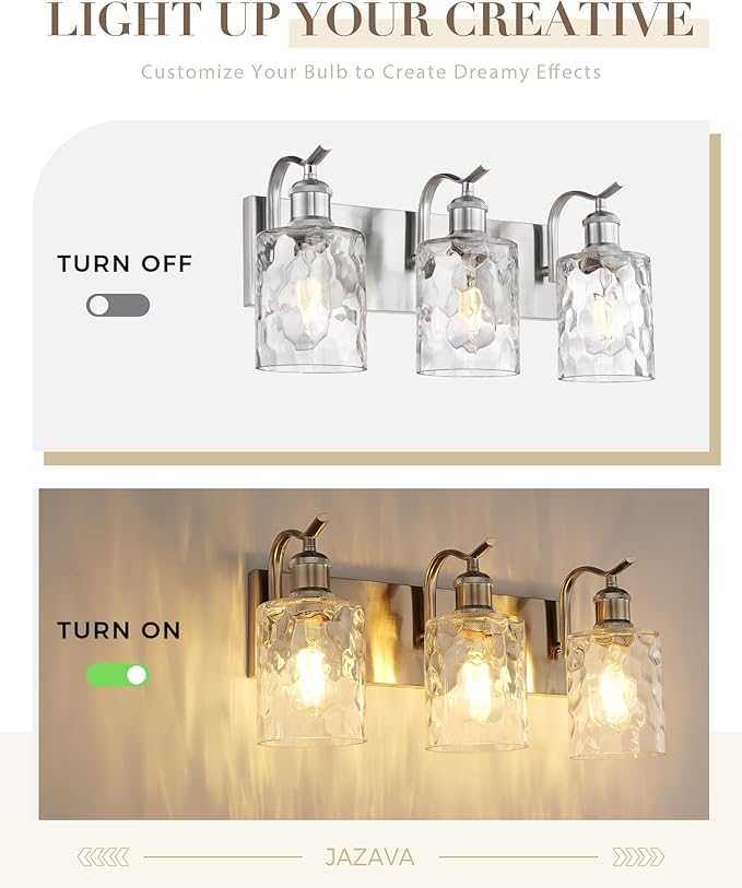 Bathroom Vanity Light Fixtures Over Mirror 3-Light Hammered Glass Wall Mounted Modern Brushed Nickel - VL01BNH-3