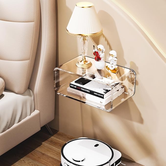 Acrylic Floating Nightstand, Bedside Table, Nightstand Shelf Wall Mounted Bedside Shelf (Clear, Small)