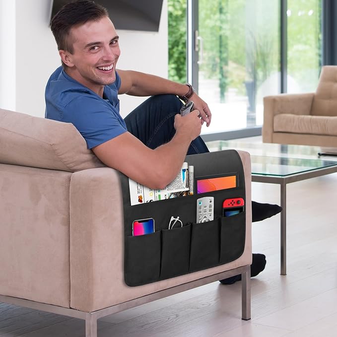 WETRBWEH Non-slip Couch Organizer Armchair Caddy, Oxford TV Remote Control Holder Bedside Caddy with 5 Pockets for Key Glasses Phone Magazine Holders.