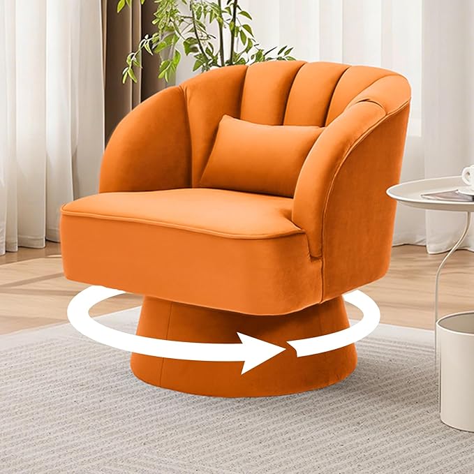 GarveeHome Modern Swivel Barrel Accent Chair, 360° Velvet Upholstered Armchair with Striped Backrest & Plush Padding, Comfy Round Lounge Chair (2, Orange + Velvet)