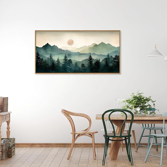 LHIUEM Large Boho Mountain Framed Wall Art Set,Watercolor Pine Tree Wall Painting,Abstract Foggy Green Forest Artwork,Modern Nature Landscape Sunrise Wall Decor for Living Room, Bedroom,Office-20x40