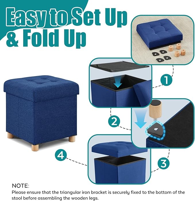 BRIAN & DANY Ottoman with Storage, Small Storage Ottoman for Dorm, Linen Folding Ottoman Foot Stool with Legs for Living Room and Bedroom, 14.8"x14.8"x16.1" - Blue
