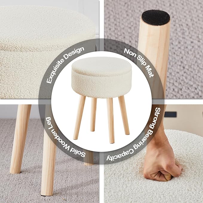 Mxfurhawa Storage Ottoman Foot Stool Teddy Velvet Round Vanity Stool Tray Top Footstool with Wood Legs Upholstered Foot Rest Ottoman for Living Room, Bathroom, Makeup (White)
