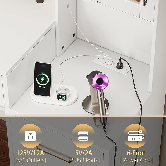 58.3”Vanity Desk with Mirror and Charging Station, Bedroom Dressing Table, Large Vanity Set, 8 Drawers and 2 Cabinets, Makeup Vanity Table with Charging Station, Without Lights