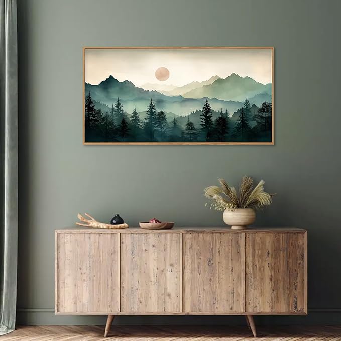 LHIUEM Large Boho Mountain Framed Wall Art Set,Watercolor Pine Tree Wall Painting,Abstract Foggy Green Forest Artwork,Modern Nature Landscape Sunrise Wall Decor for Living Room, Bedroom,Office-20x40