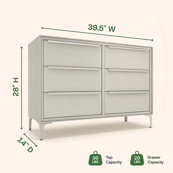 Naima Premium Fabric Dresser - Strong Metal Frame, 6 Spacious Sag-Proof Drawers with Sleek Metal Handles - Premium & Durable Storage Solution for Your Home (Beige)