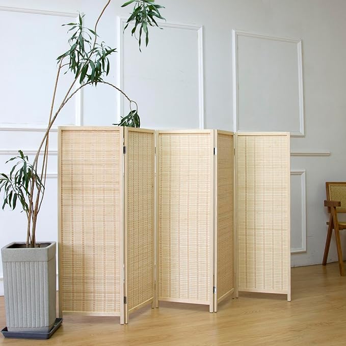 5 Panel Short Room Divider Screen,Beige Freestanding Partition,Small Bamboo Panel Divider for Room Seperation,3.95 FT Tall