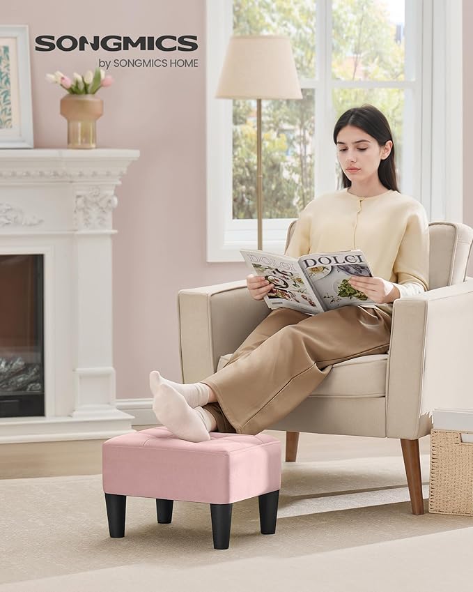SONGMICS Foot Stool with Legs, Small Footstool Ottoman, Velvet Seat with Thick Cushion, for Living Room, Bedroom, Entryway, 330 lb Weight Capacity, Jelly Pink ULOM501R01