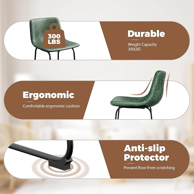 Dining Chairs Set of 6, 18 Inch Modern Armless Dining Chair with Back, Faux Leather Kitchen Dining Room Chair with Metal Legs for Home, Bistro Coffee Shops (Green)