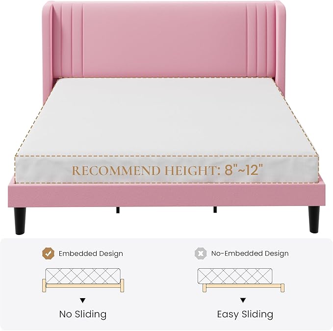 SHA CERLIN King Size Velvet Upholstered Platform Bed Frame with Vertical Channel Tufted Wingback Headboard, Wooden Slats Support, Easy Assembly, Under Bed Storage, No Box Spring Required, Pink