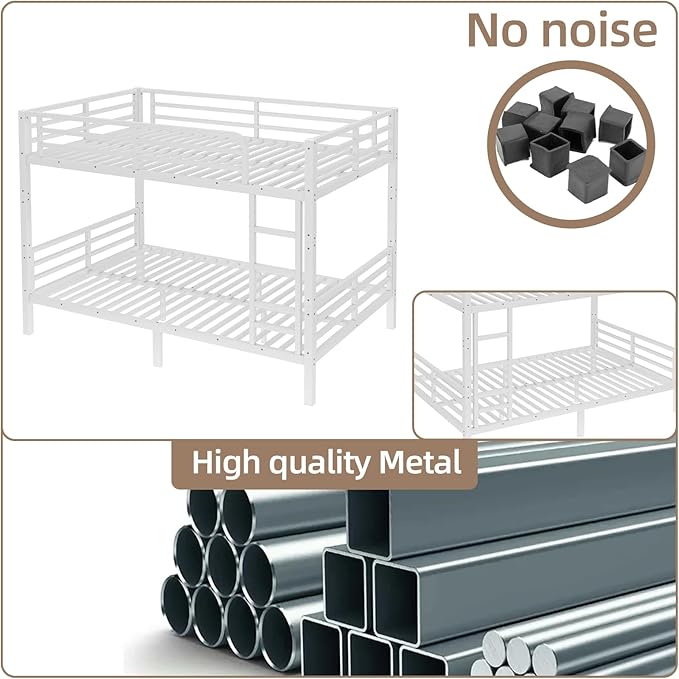Full XL Bunk Bed Frame, Heavy Duty Metal Loft Bed for Adults/Teens, 350/500LB Capacity w/Ladder & Guardrail, Noise-Free Steel Slats, No Box Spring Required, White