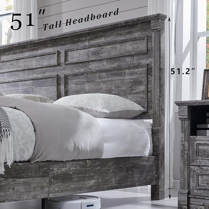 Farmhouse King Size Bed Frame with 51" Tall Headboard, Wood Platform Bed Frame with 20" Tall Roman Column Decoration Footboard & 3 Large Storage Drawers, No Box Spring Needed (Light Grey)