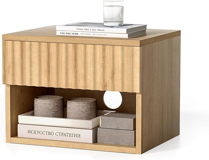 Floating Nightstand with Drawer, Modern Small Night Stand with Fluted Door and Open Storage Shelf Wall Mounted Bedside Table for Bedroom, Entryway Natural Oak